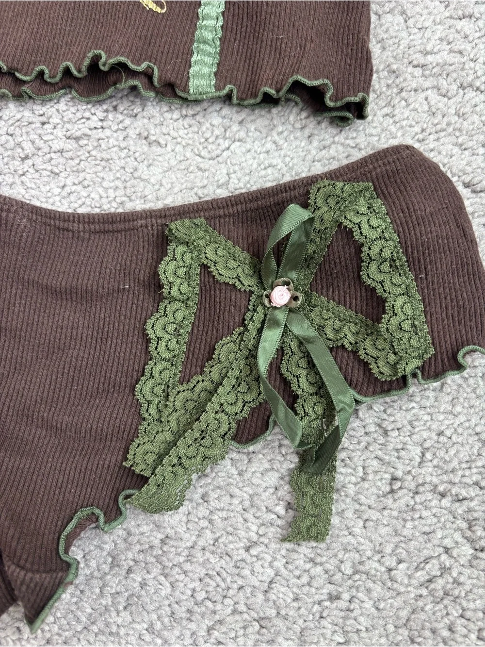 Vintage Y2K Baby Phat Lace Pajama Set Brown Green Small 2 Piece Set Ribbed Cami